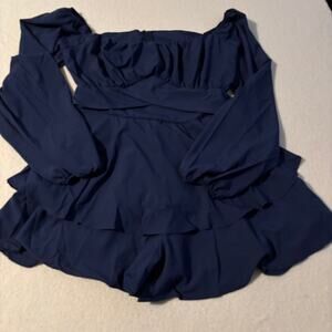 Off Shoulder or square Neck Romper Long Sleeve Ruffle Tie Mini Shorts Navy Blue